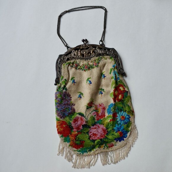 Antique Edwardian Glass Bead Flower Roses Purse Silver Cherub Frame Czech? - Picture 1 of 15